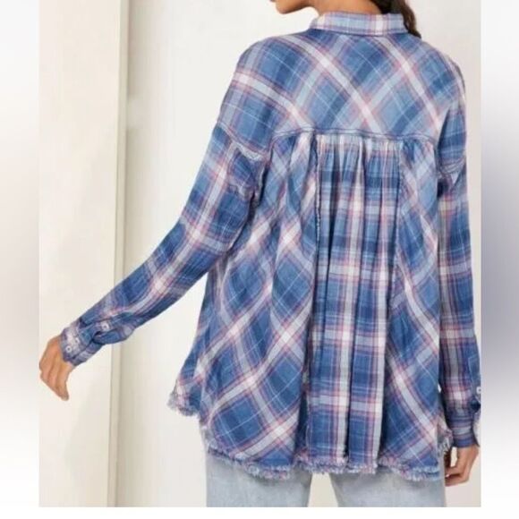 We The Free Seeking Starlight Plaid Light Blue Boho Coastal Cowgirl Top Size M - Picture 2 of 14